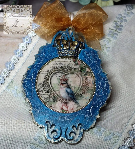 Handcrafted, Decoupage, Spring, Christmas Ornament, Crowned Bird, Shabby Chic, Mixed Media, Vintage Style, Antique Style, Laser Cut MDF Handmade by Pamela