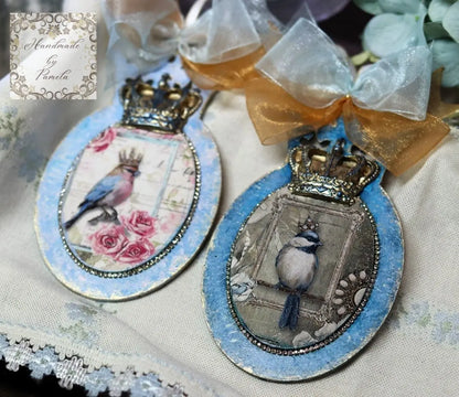 Handcrafted, Decoupage, Spring, Christmas Ornamet, Crowned Birds, Shabby Chic, Mixed Media, Vintage Style, Laser Cut MDF Crown Handmade by Pamela