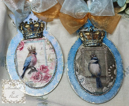 Handcrafted, Decoupage, Spring, Christmas Ornamet, Crowned Birds, Shabby Chic, Mixed Media, Vintage Style, Laser Cut MDF Crown Handmade by Pamela