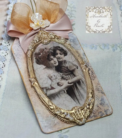 Handcrafted, Decoupage, Mothers Day, Tag, Ornament, Vintage Mother and Daughter Portrait, Shabby Chic, Mixed Media, Laser Cut MDF, Gift Handmade by Pamela