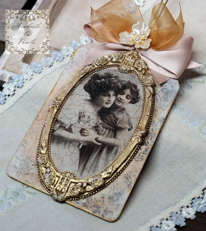 Handcrafted, Decoupage, Mothers Day, Tag, Ornament, Vintage Mother and Daughter Portrait, Shabby Chic, Mixed Media, Laser Cut MDF, Gift Handmade by Pamela