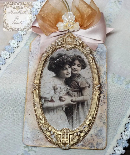Handcrafted, Decoupage, Mothers Day, Tag, Ornament, Vintage Mother and Daughter Portrait, Shabby Chic, Mixed Media, Laser Cut MDF, Gift Handmade by Pamela