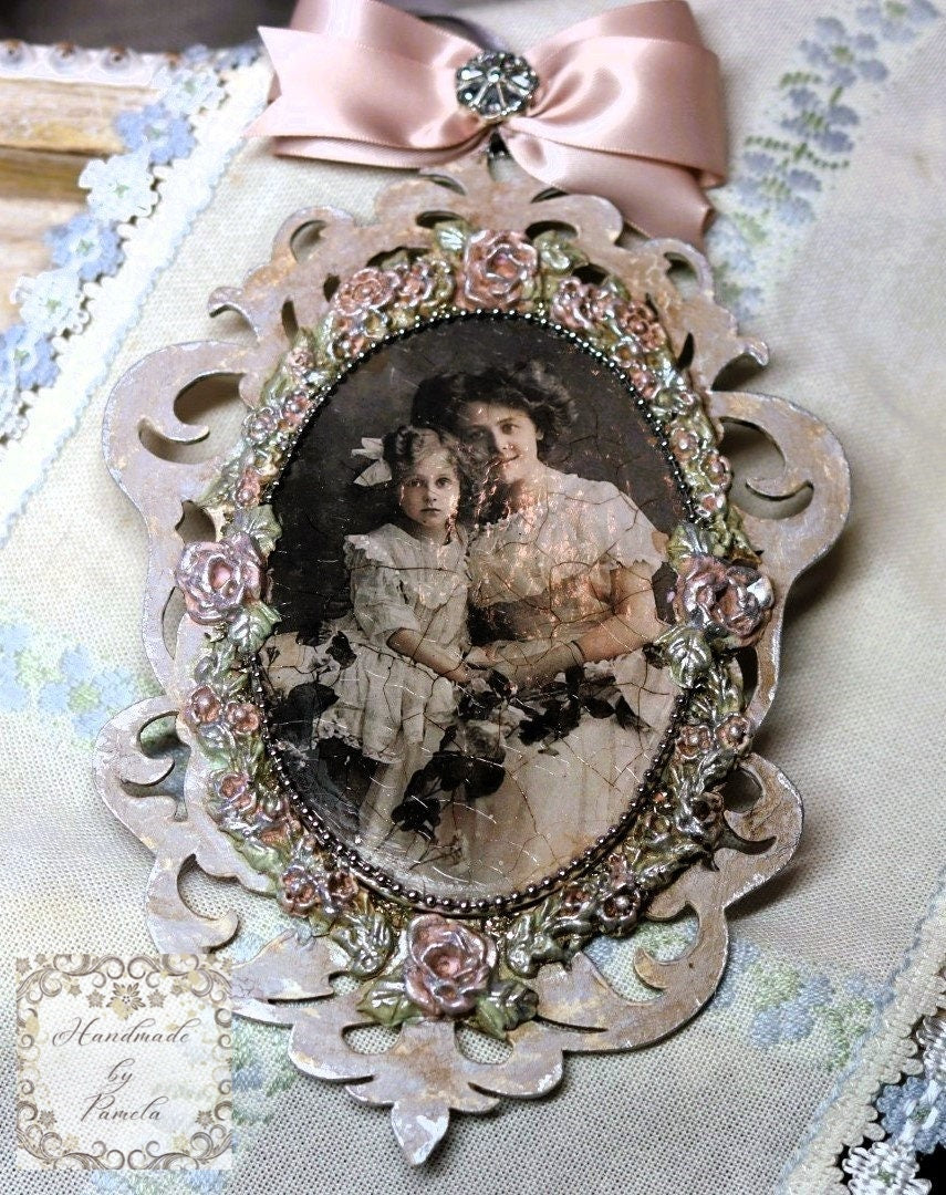 Handcrafted, Decoupage, Mothers Day, Ornament, Nostalgic, Vintage, Mother, Daughter Portrait, Shabby Chic, Mixed Media, Laser Cut MDF, Gift