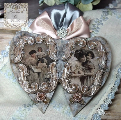 Handcrafted, Decoupage, Mothers Day, Double Heart Ornament, Nostalgic, Vintage, Mother, Daughter Portrait, Shabby Chic, Laser Cut MDF, Gift Handmade by Pamela