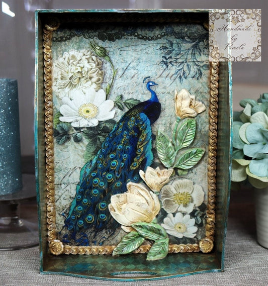 Handcrafted, Mixed Media, Decoupage,  Peacock, Tray, Laser Cut MDF, Majestic Peacock, Harlequin, Home Decor, Blue, Green, Gold, Elegant