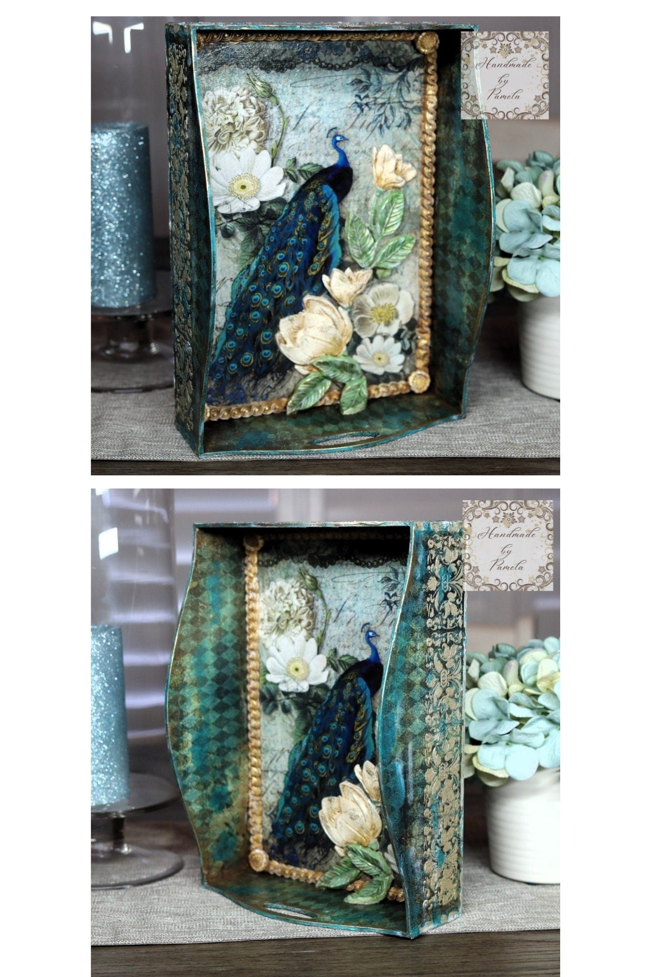 Handcrafted, Mixed Media, Decoupage,  Peacock, Tray, Laser Cut MDF, Majestic Peacock, Harlequin, Home Decor, Blue, Green, Gold, Elegant