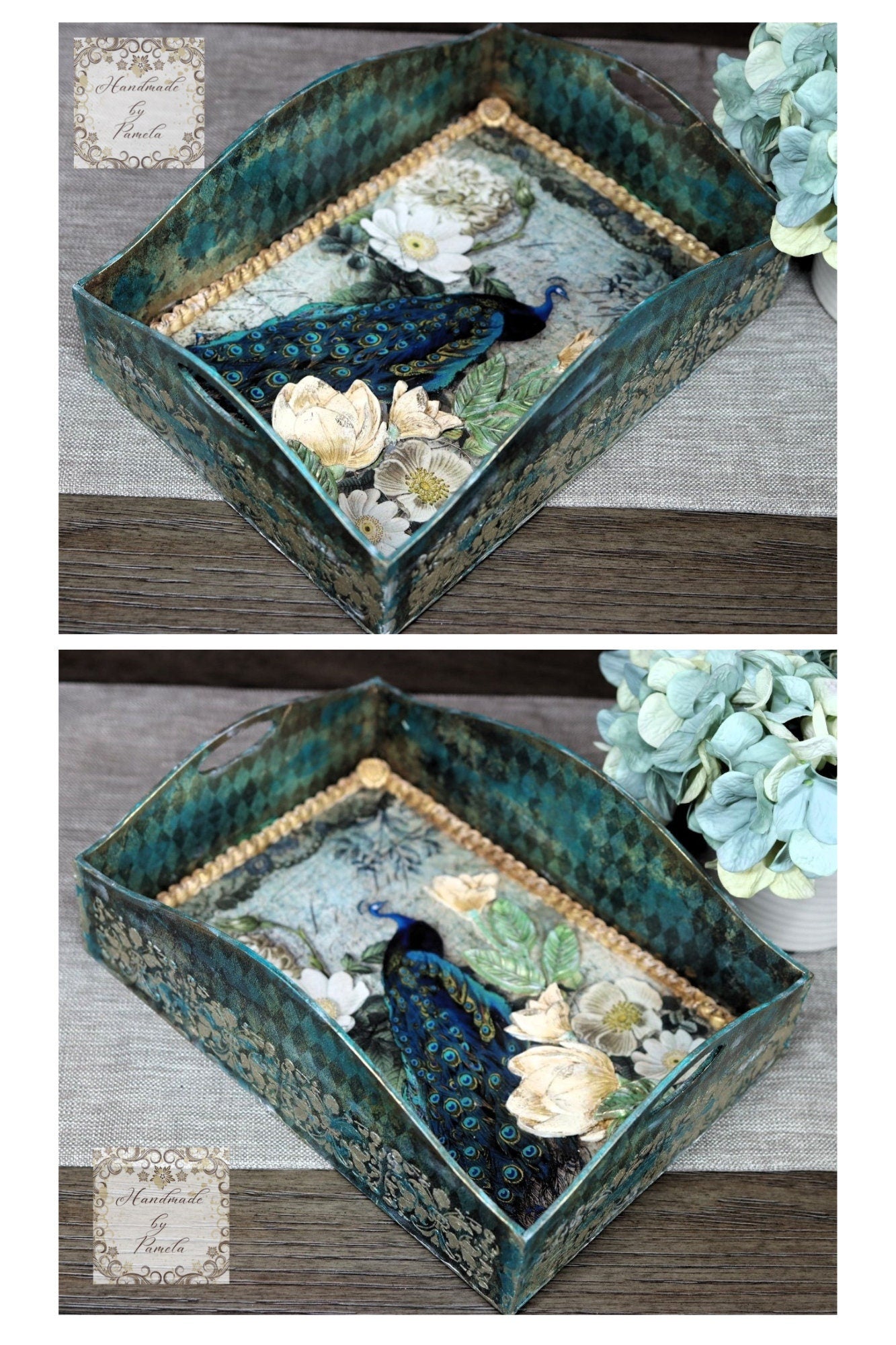 Handcrafted, Mixed Media, Decoupage,  Peacock, Tray, Laser Cut MDF, Majestic Peacock, Harlequin, Home Decor, Blue, Green, Gold, Elegant