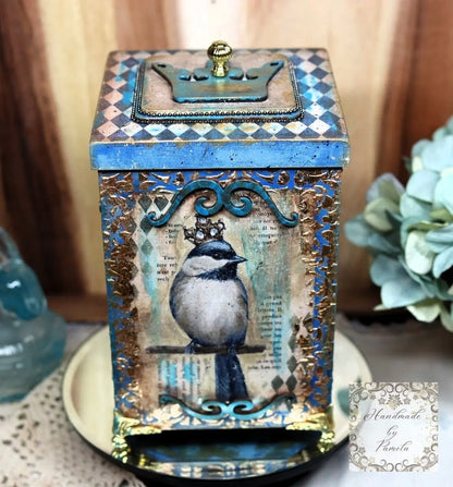 Handcrafted, Decoupage, Mixed Media, Gift, Box, Vintage Style, Blue Birds, Crowns, Laser Cut MDF Box Handmade by Pamela