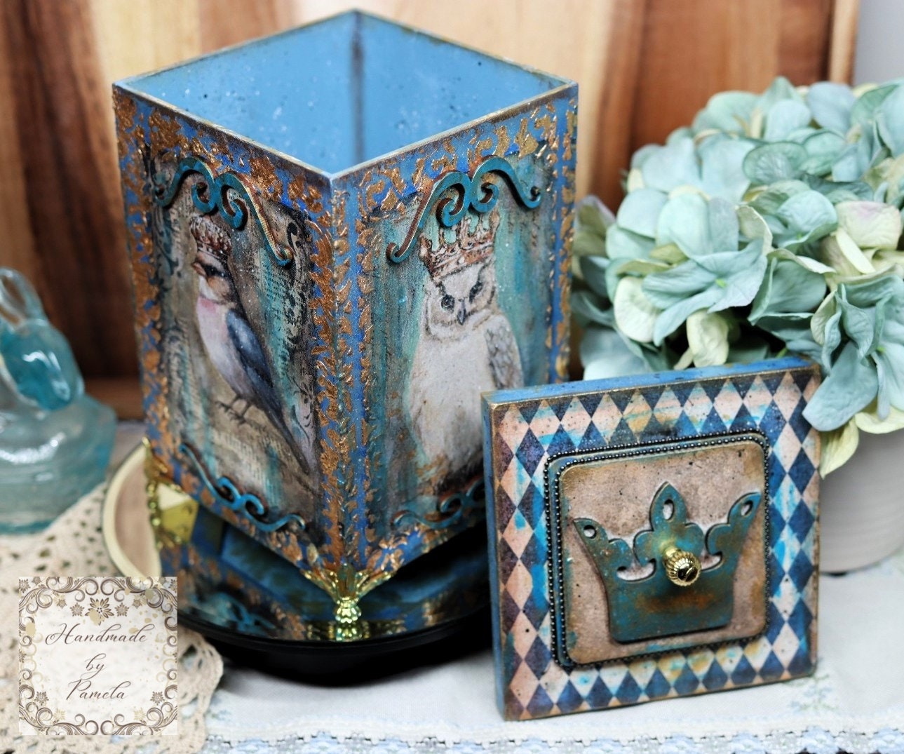 Handcrafted, Decoupage, Mixed Media, Gift, Box, Vintage Style, Blue Birds, Crowns, Laser Cut MDF Box