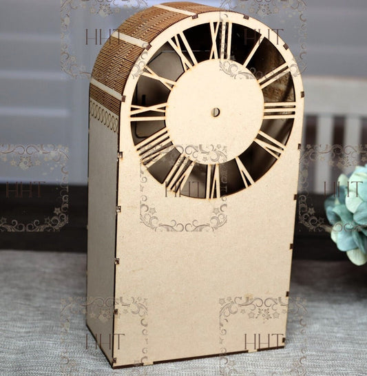 Laser Cut MDF, Mantle Clock, Buildable kit, Base, Blank, Canvas, Decoupage, Mixed Media, Paintable, Home Decor, 6 pc, 7.5" x 13.5" x 4.25"d