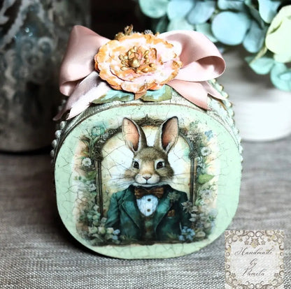 Handcrafted, Decoupage, Mixed Media, Easter, Gift, MDF Box , Vintage Style, Bunnies, Lablache, Shabby Chic Handmade by Pamela