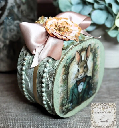 Handcrafted, Decoupage, Mixed Media, Easter, Gift, MDF Box , Vintage Style, Bunnies, Lablache, Shabby Chic Handmade by Pamela