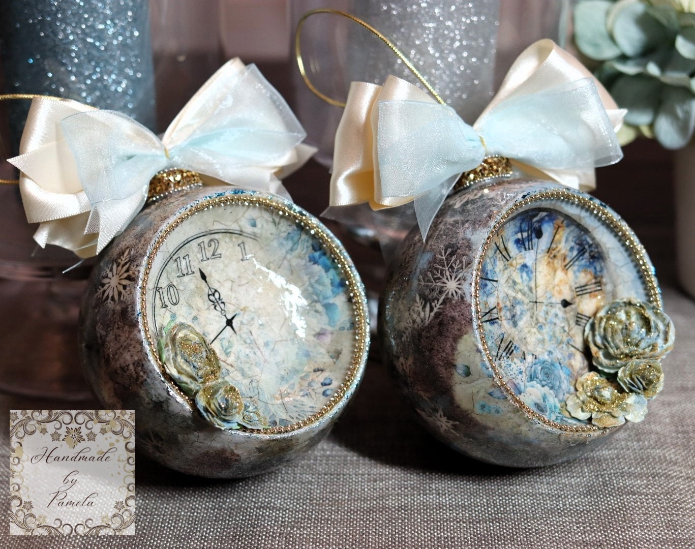 Handcrafted, Shabby Chic, Concave Ball, Bauble, Ornament, Decoupage, Mixed Media, Vintage Style, Blue Clocks and Roses