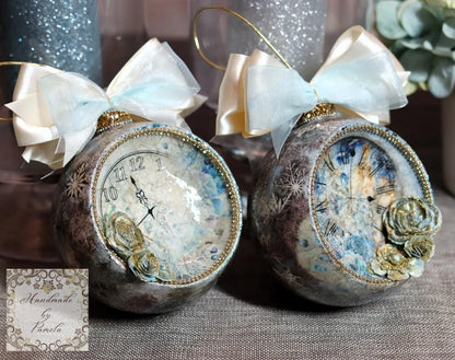 Handcrafted, Shabby Chic, Concave Ball, Bauble, Ornament, Decoupage, Mixed Media, Vintage Style, Blue Clocks and Roses Handmade by Pamela
