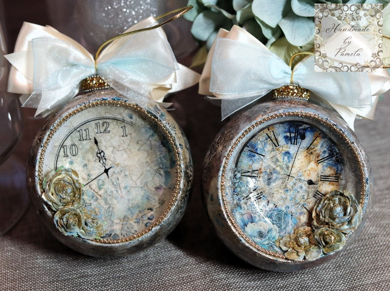 Handcrafted, Shabby Chic, Concave Ball, Bauble, Ornament, Decoupage, Mixed Media, Vintage Style, Blue Clocks and Roses