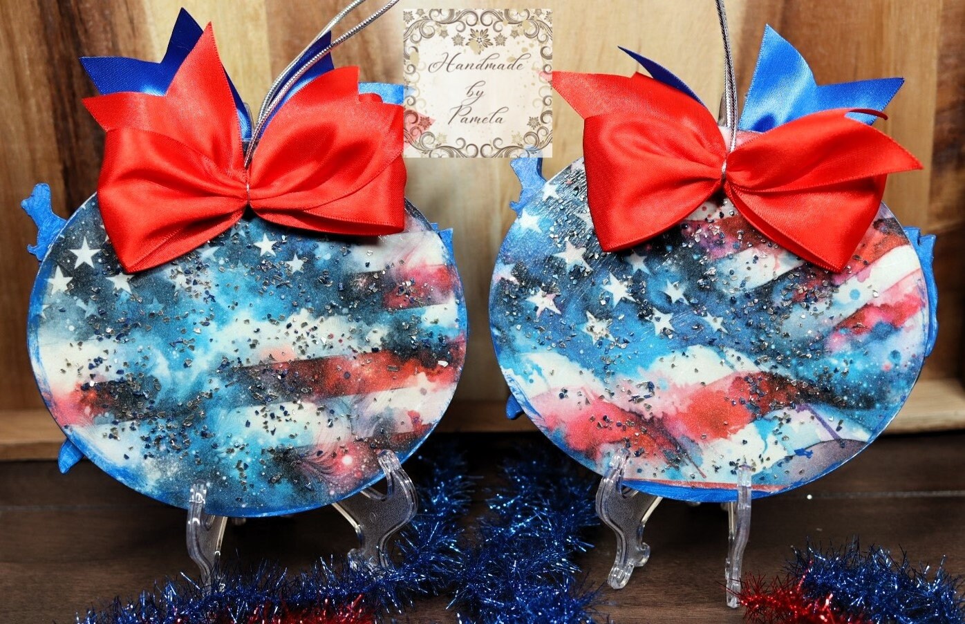 Handcrafted, Laser Cut America, Flag, USA Ornament Set of 2, Decoupage, Mixed Media, Red, White, Blue, Festive, July 4th, Decorations