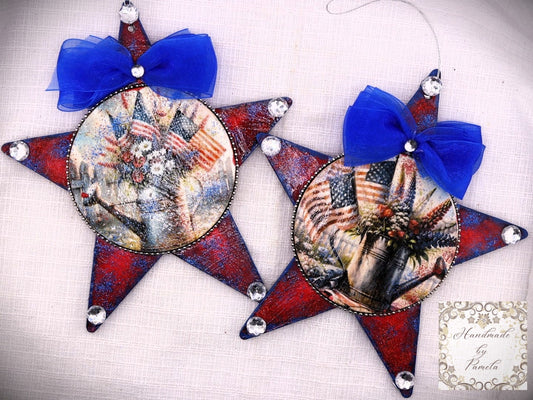 Handcrafted, Decoupage, Patriotic, Star Ornament, July 4th, Independence Day, Decoration, Red, White, Blue, Reversable, Laser Cut MDF