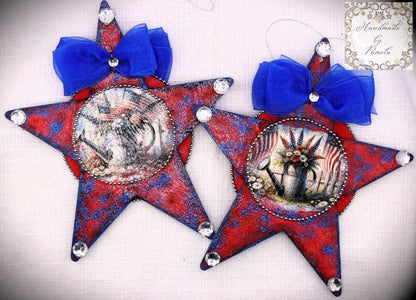 Handcrafted, Decoupage, Patriotic, Star Ornament, July 4th, Independence Day, Decoration, Red, White, Blue, Reversable, Laser Cut MDF Handmade by Pamela