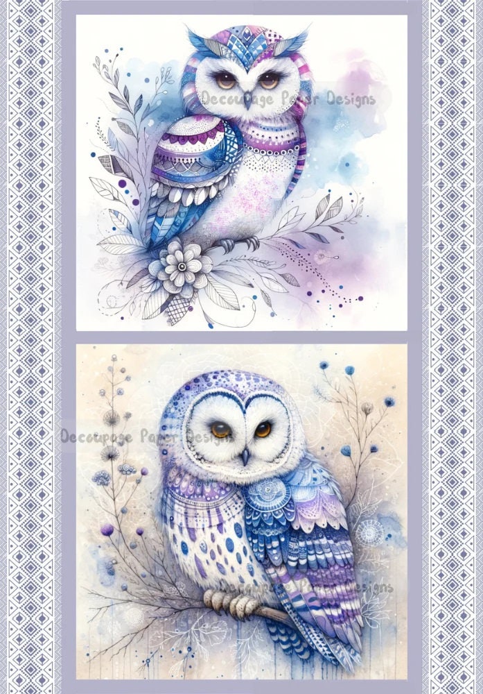 Decoupage Creatives, Rice Paper, Boho Owl, Owls, Birds, Watercolor, Mixed Media, A4 8.27 X 11.69 DPD361