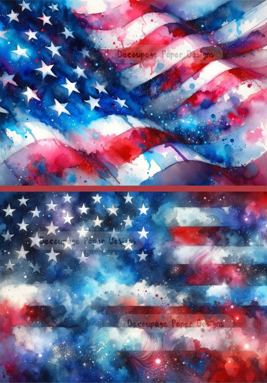 Decoupage Creatives, Rice Paper, American Flag, USA, Patriotic, July 4th, Watercolor, Mixed Media, A4 8.27 X 11.69 DPD410