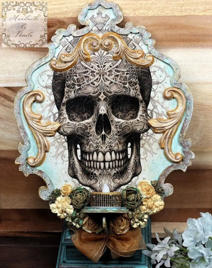 Handcrafted, Mixed Media, Decoupage, Skull, Flameless Candle, Wall Art, Sconce, Home Decor, Day of the Dead, Gothic, Plaque, Laser Cut MDF Handmade by Pamela