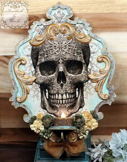 Handcrafted, Mixed Media, Decoupage, Skull, Flameless Candle, Wall Art, Sconce, Home Decor, Day of the Dead, Gothic, Plaque, Laser Cut MDF Handmade by Pamela