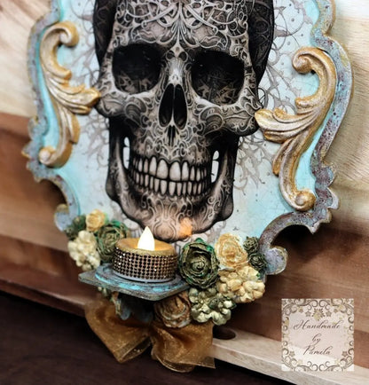Handcrafted, Mixed Media, Decoupage, Skull, Flameless Candle, Wall Art, Sconce, Home Decor, Day of the Dead, Gothic, Plaque, Laser Cut MDF Handmade by Pamela