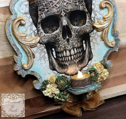 Handcrafted, Mixed Media, Decoupage, Skull, Flameless Candle, Wall Art, Sconce, Home Decor, Day of the Dead, Gothic, Plaque, Laser Cut MDF Handmade by Pamela