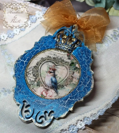 Handcrafted, Decoupage, Spring, Christmas Ornament, Crowned Bird, Shabby Chic, Mixed Media, Vintage Style, Antique Style, Laser Cut MDF Handmade by Pamela