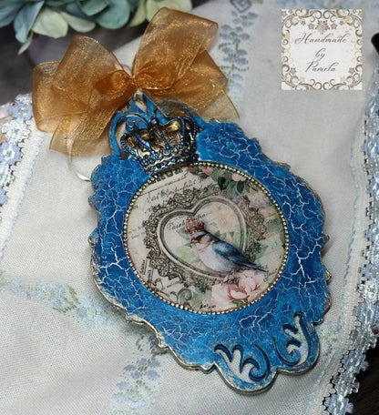 Handcrafted, Decoupage, Spring, Christmas Ornament, Crowned Bird, Shabby Chic, Mixed Media, Vintage Style, Antique Style, Laser Cut MDF Handmade by Pamela