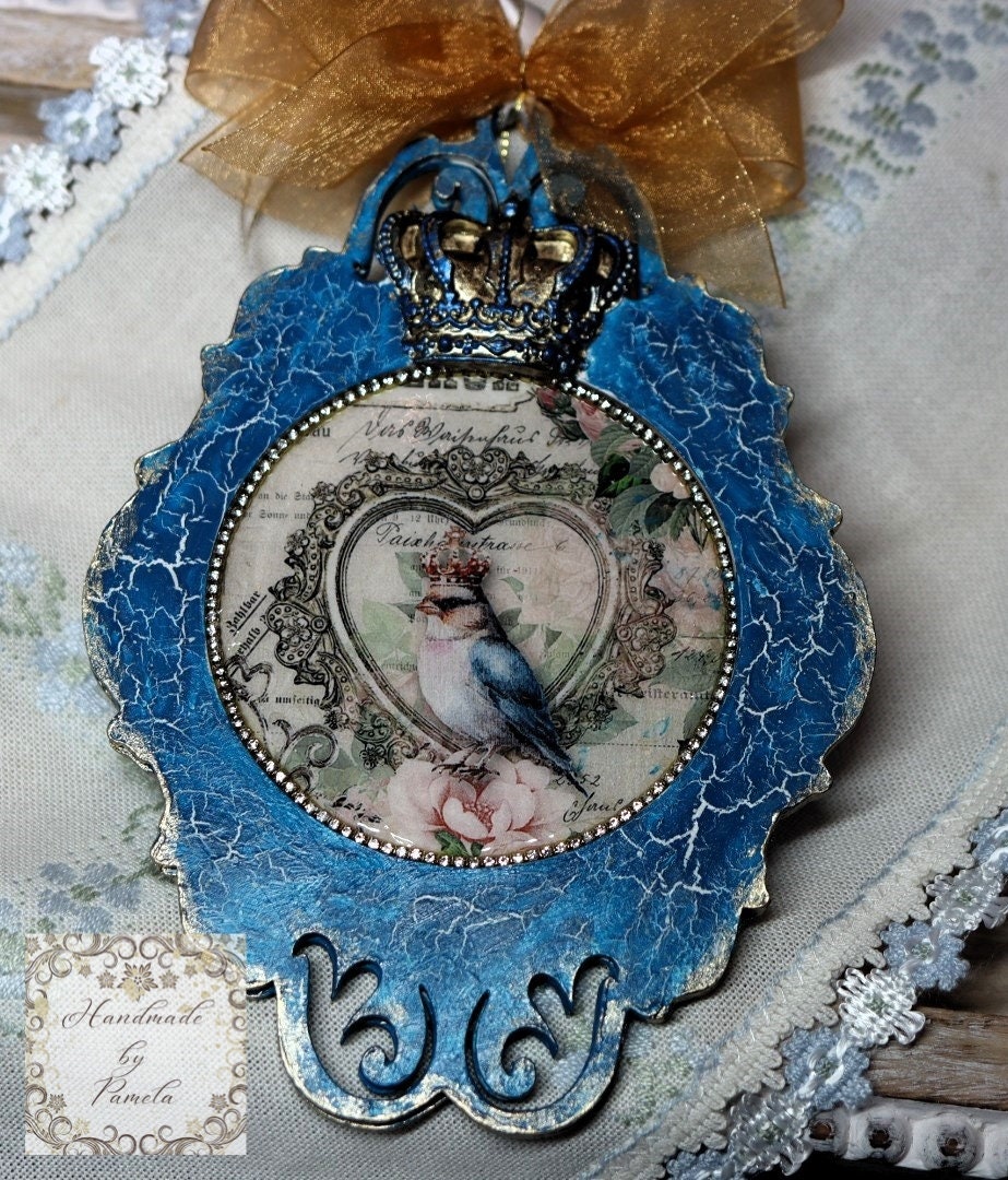 Handcrafted, Decoupage, Spring, Christmas Ornament, Crowned Bird, Shabby Chic, Mixed Media, Vintage Style, Antique Style, Laser Cut MDF