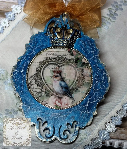 Handcrafted, Decoupage, Spring, Christmas Ornament, Crowned Bird, Shabby Chic, Mixed Media, Vintage Style, Antique Style, Laser Cut MDF Handmade by Pamela