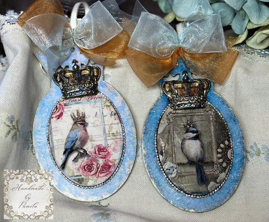 Handcrafted, Decoupage, Spring, Christmas Ornamet, Crowned Birds, Shabby Chic, Mixed Media, Vintage Style, Laser Cut MDF Crown Handmade by Pamela