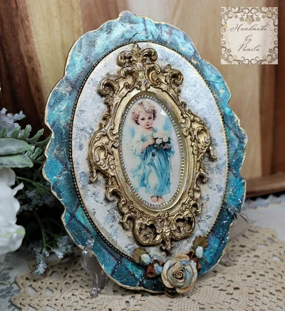 Handcrafted, Mixed Media, Shabby Chic, Decoupage, Angel Plaque, Panel, Wall Art, Vintage Style, Antique Style, Blue, Gold, Laser Cut MDF Handmade by Pamela