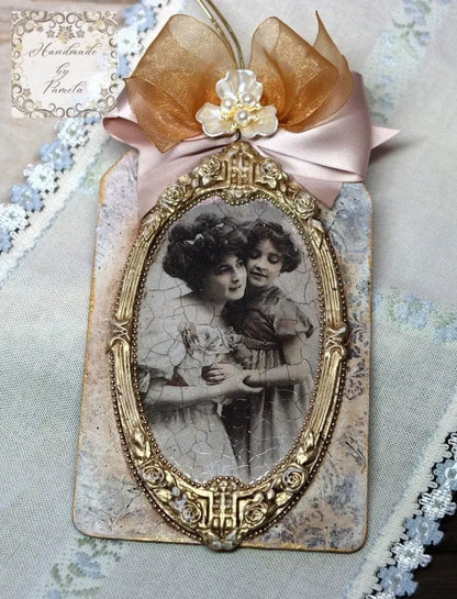Handcrafted, Decoupage, Mothers Day, Tag, Ornament, Vintage Mother and Daughter Portrait, Shabby Chic, Mixed Media, Laser Cut MDF, Gift Handmade by Pamela