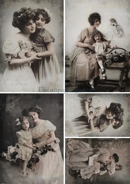 Handcrafted, Decoupage, Mothers Day, Tag, Ornament, Vintage Mother and Daughter Portrait, Shabby Chic, Mixed Media, Laser Cut MDF, Gift Handmade by Pamela