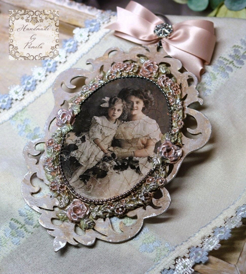 Handcrafted, Decoupage, Mothers Day, Ornament, Nostalgic, Vintage, Mother, Daughter Portrait, Shabby Chic, Mixed Media, Laser Cut MDF, Gift