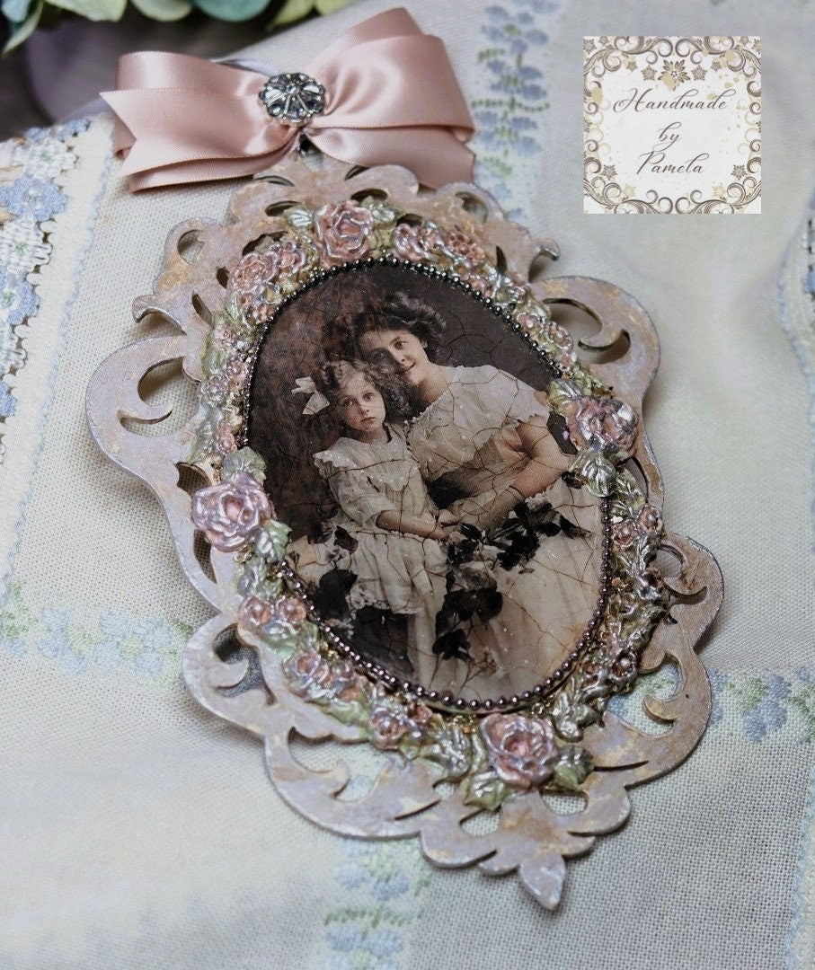 Handcrafted, Decoupage, Mothers Day, Ornament, Nostalgic, Vintage, Mother, Daughter Portrait, Shabby Chic, Mixed Media, Laser Cut MDF, Gift