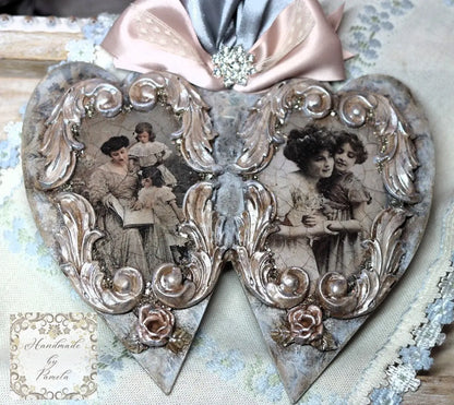 Handcrafted, Decoupage, Mothers Day, Double Heart Ornament, Nostalgic, Vintage, Mother, Daughter Portrait, Shabby Chic, Laser Cut MDF, Gift Handmade by Pamela