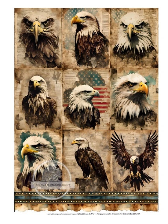 Decoupage Central, Bald Eagles, American Flags, Patriotic, Squares, July 4th, DC424, Rice Paper, Decoupage, Mixed Media, A4 8.27 X 11.69 in