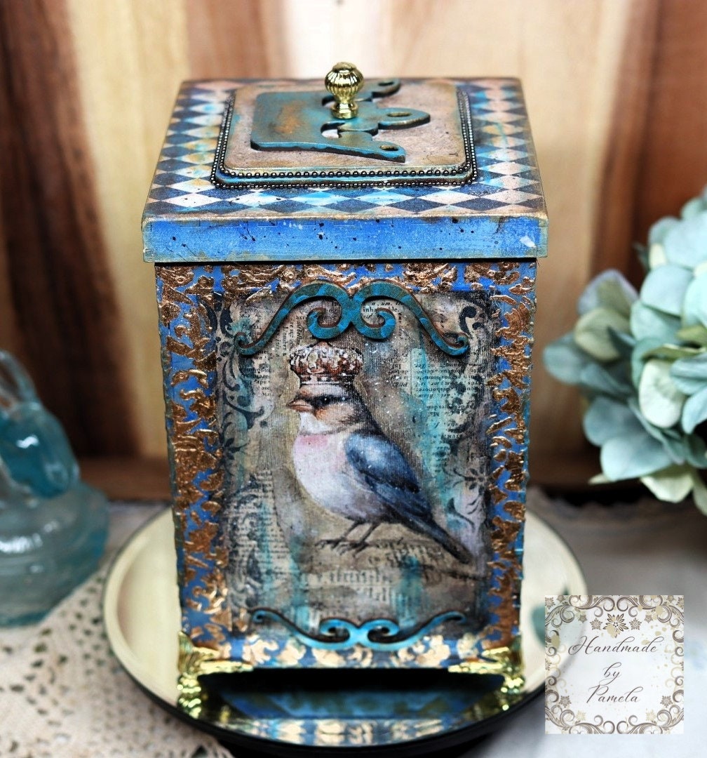 Handcrafted, Decoupage, Mixed Media, Gift, Box, Vintage Style, Blue Birds, Crowns, Laser Cut MDF Box