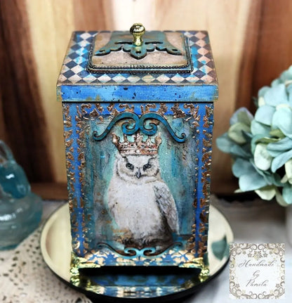 Handcrafted, Decoupage, Mixed Media, Gift, Box, Vintage Style, Blue Birds, Crowns, Laser Cut MDF Box Handmade by Pamela