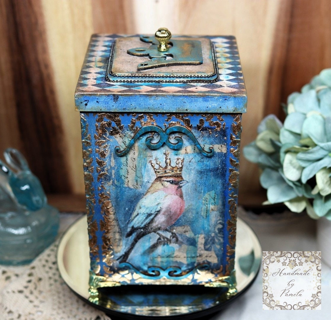 Handcrafted, Decoupage, Mixed Media, Gift, Box, Vintage Style, Blue Birds, Crowns, Laser Cut MDF Box