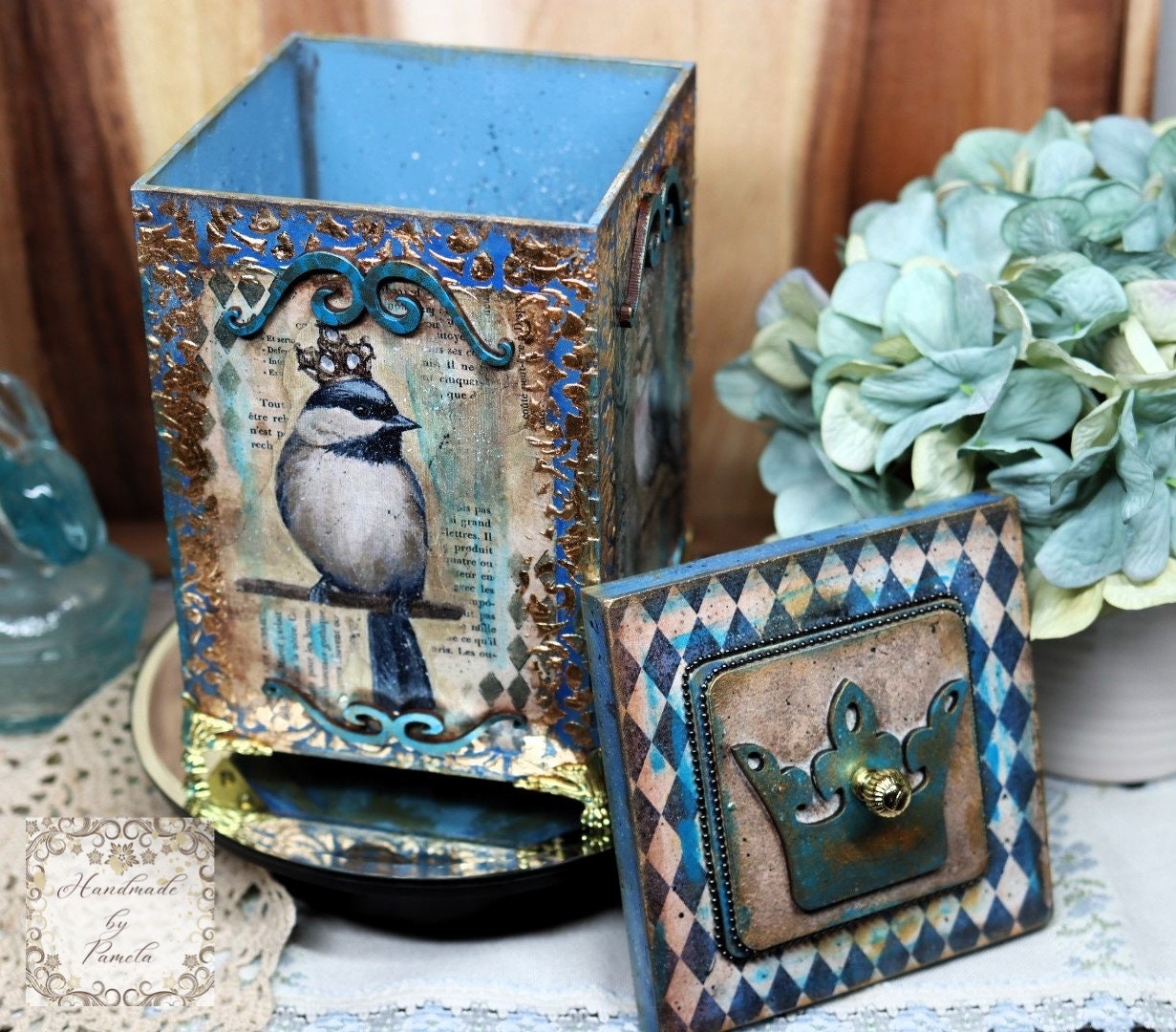 Handcrafted, Decoupage, Mixed Media, Gift, Box, Vintage Style, Blue Birds, Crowns, Laser Cut MDF Box