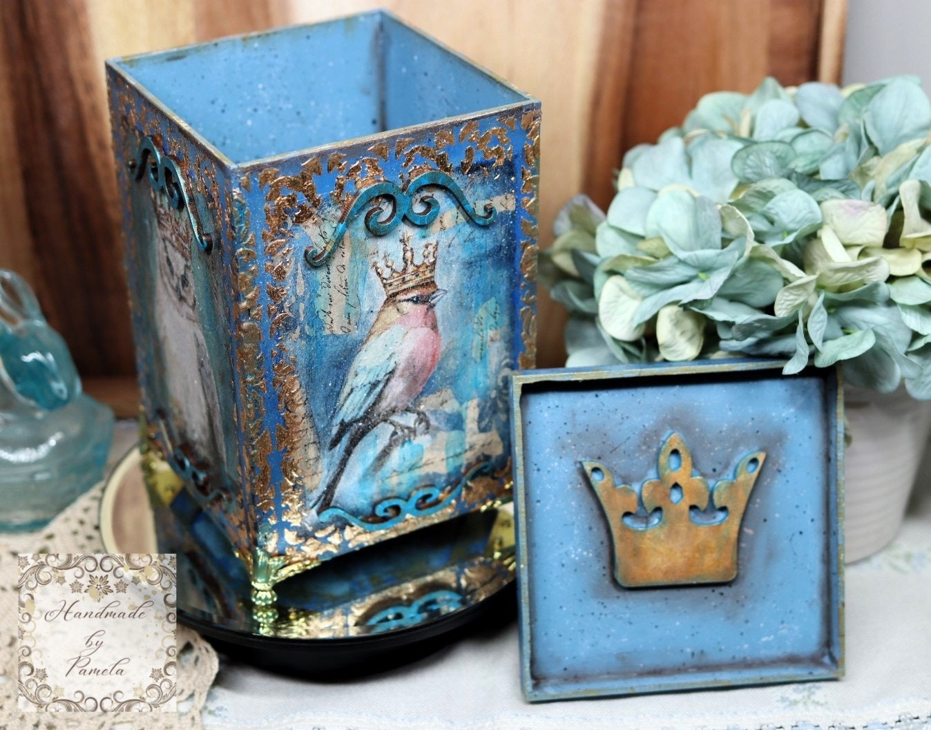 Handcrafted, Decoupage, Mixed Media, Gift, Box, Vintage Style, Blue Birds, Crowns, Laser Cut MDF Box