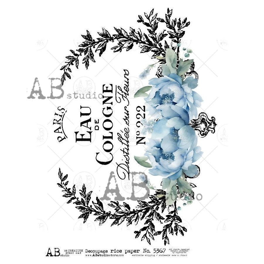 AB Studio, Rice Paper, Decoupage, Mixed Media, Blue, Flowers, Paris, Birds, Crown, Shabby Chic Style, 2024 Release, 5367, A4 8.27 X 11.69