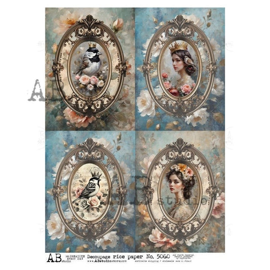 AB Studio, Rice Paper, Decoupage, Mixed Media, Vintage Frames, Women, Birds, Blue Flowers, Squares, Shabby Chic, 2024, 5060, A4 8.27 X 11.69