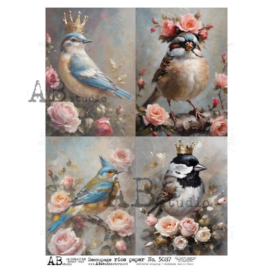 AB Studio, Rice Paper, Decoupage, Mixed Media, Vintage, Birds, Crowns, Blue Flowers, Squares, Shabby Chic, 2024, 5087, A4 8.27 X 11.69
