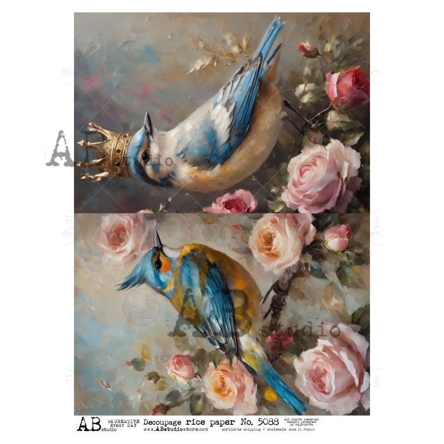 AB Studio, Rice Paper, Decoupage, Mixed Media, Blue Birds, Pink Roses, Crown, Squares, Shabby Chic, 2024 Release, 5088, A4 8.27 X 11.69