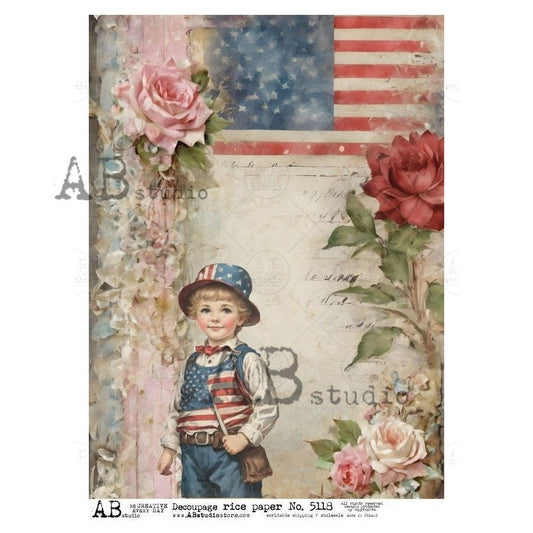 AB Studio, Rice Paper, Decoupage, Mixed Media, Vintage Style Boy, American Flag, Flowers, Independence Day, Patriotic, 5118, A4 8.27 X 11.69